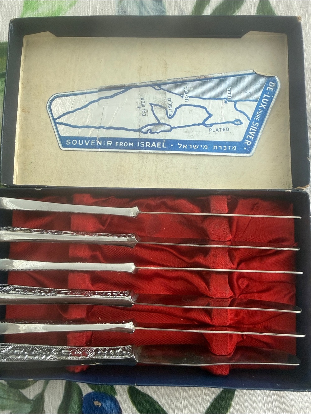 Vintage Israel Souvenir Silver-Plated Knife Set - Red Lined Case